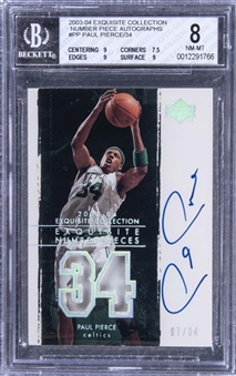 2003-04 UD "Exquisite Collection" Number Pieces Autographs #PP Paul Pierce Signed Game Used Patch Card (#07/34) – BGS NM-MT 8/BGS 10